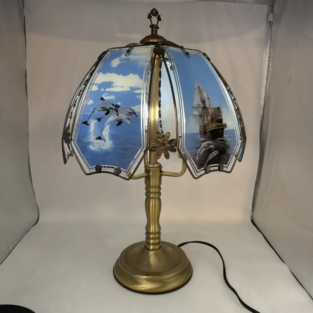 Vintage Y2K OK Lighting Touch Lamp, Marine Dolphins Shade, Gold Metal base
